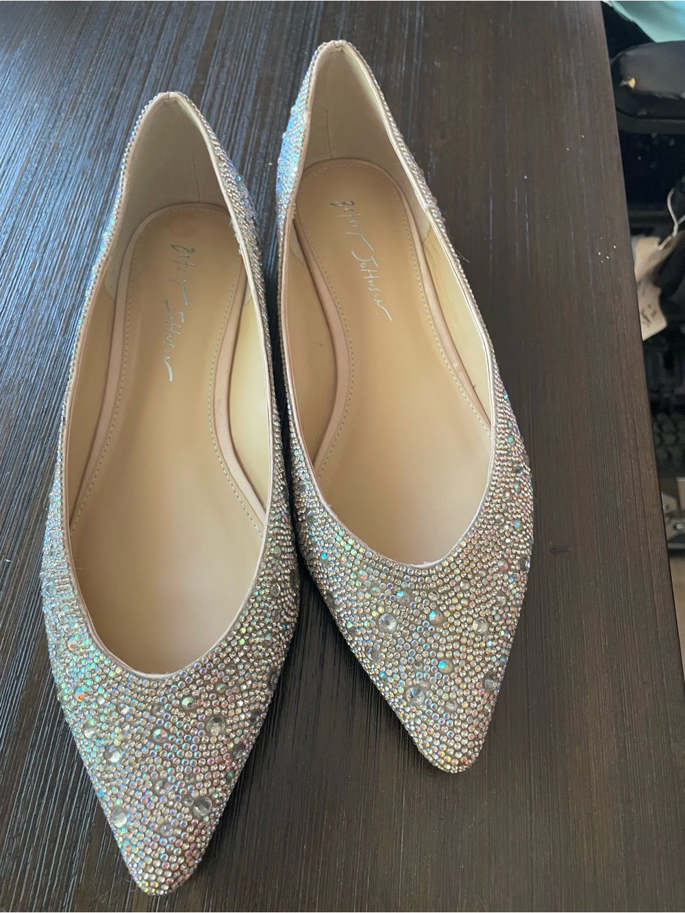 Betsey Johnson Iridescent Crystal Pointed Flats - Silver Sparkle